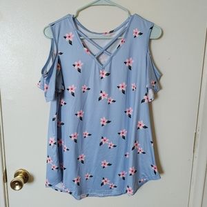 Light blue cold shoulder blouse w/pink flowers